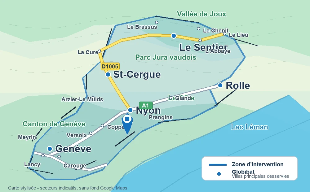 Carte des zones d’intervention Globibat: canton de Genève, Nyon, Rolle, St-Cergue et Vallée de Joux